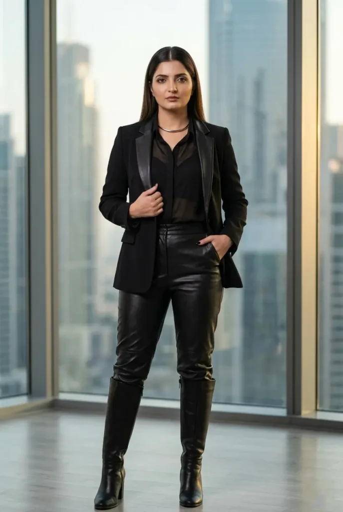 21+ Corporate Baddie Power Blazer Sets That Instantly Upgrade Your Work Outfit 9 All-Black Leather Trim Women’s Boss Babe Outfit