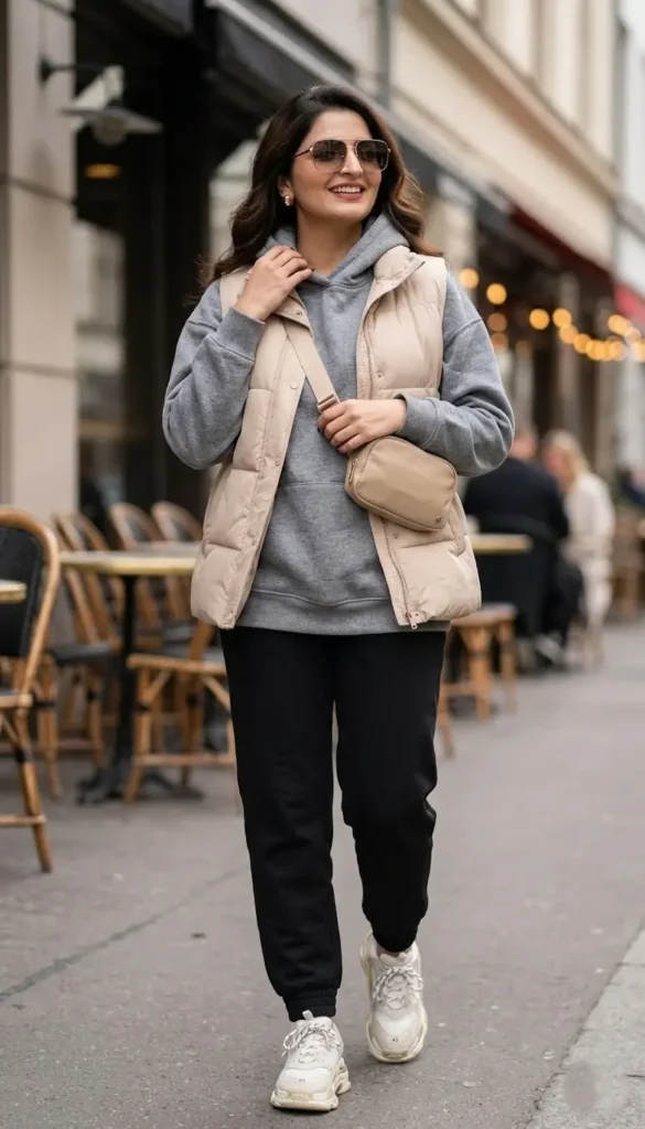 21+ Corporate Baddie Vest & Trouser Outfit Ideas 5 Beige Puffer Vest Joggers Women’s Weekend Outfit