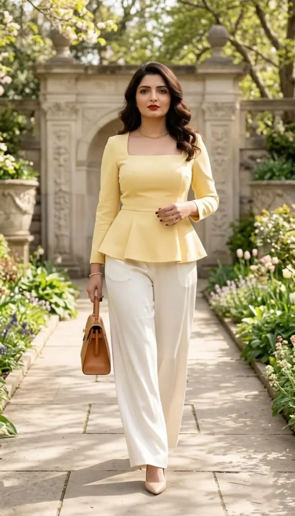 21+ Beautiful Spring Formal Outfits for Parties, Weddings 5 Butter Yellow Peplum Set Spring Formal Women’s Style