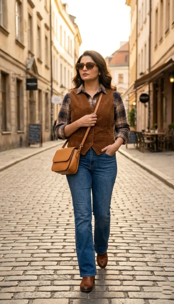 21+ Corporate Baddie Vest & Trouser Outfit Ideas 7 Corduroy Vest Bootcut Jeans Women’s Casual Chic Outfit