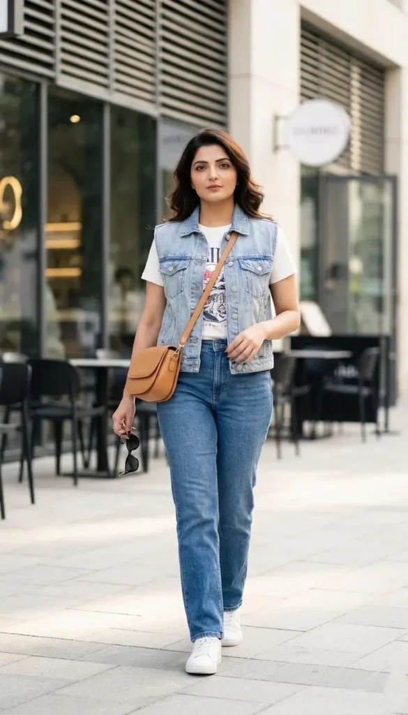 21+ Corporate Baddie Vest & Trouser Outfit Ideas 4 Denim Vest Blue Straight-Leg Jeans Women’s Casual Outfit