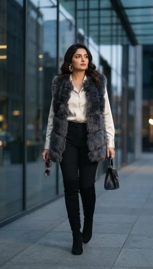 21+ Corporate Baddie Vest & Trouser Outfit Ideas 10 Faux Fur Vest Black Trousers Women’s Luxe Outfit