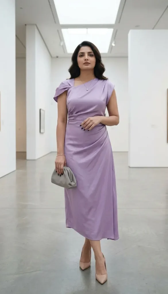 21+ Beautiful Spring Formal Outfits for Parties, Weddings 6 Lavender Draped Midi Dress Spring Formal Women