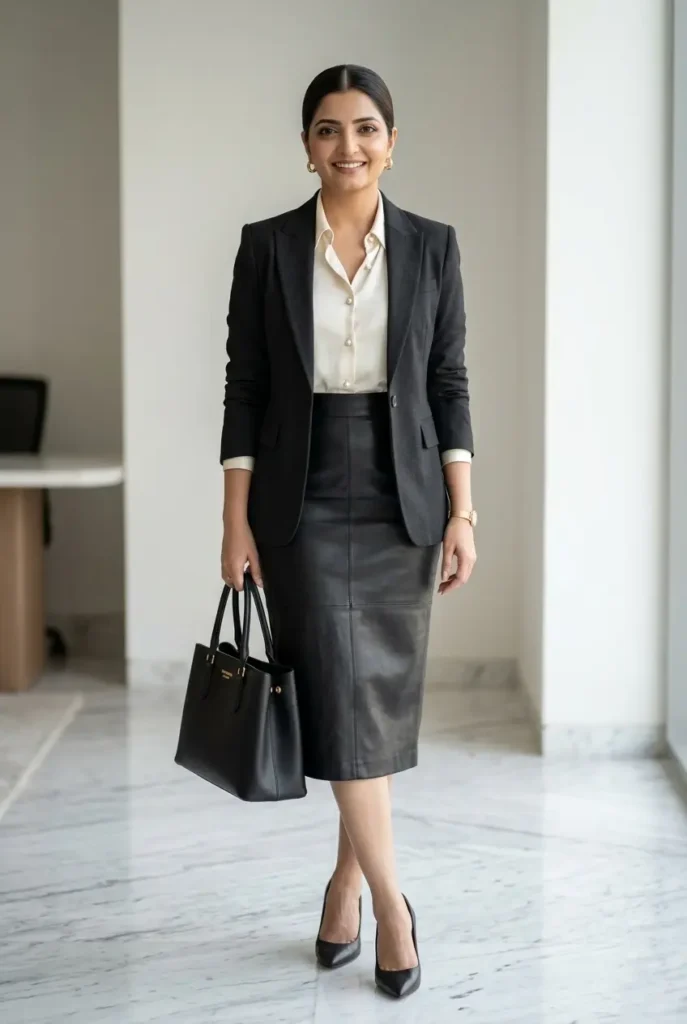 21+ Corporate Baddie Power Blazer Sets That Instantly Upgrade Your Work Outfit 13 Leather Pencil Skirt Pair – Edgy Women’s Power Outfit