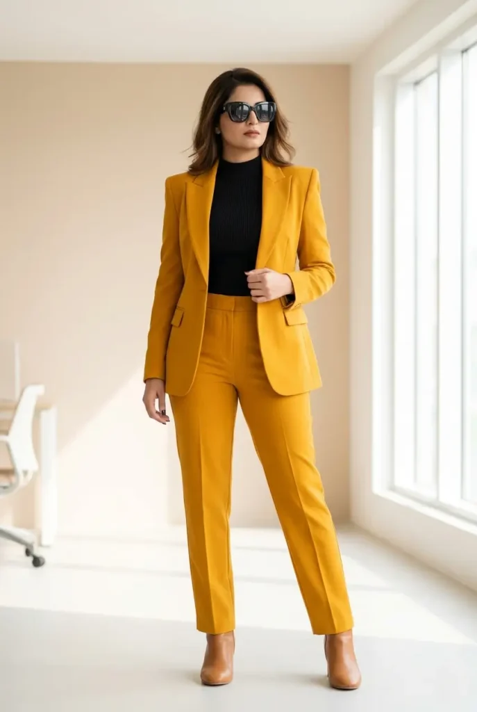 21+ Corporate Baddie Power Blazer Sets That Instantly Upgrade Your Work Outfit 7 Mustard Yellow Sharp Suit Women’s Bold Office Style