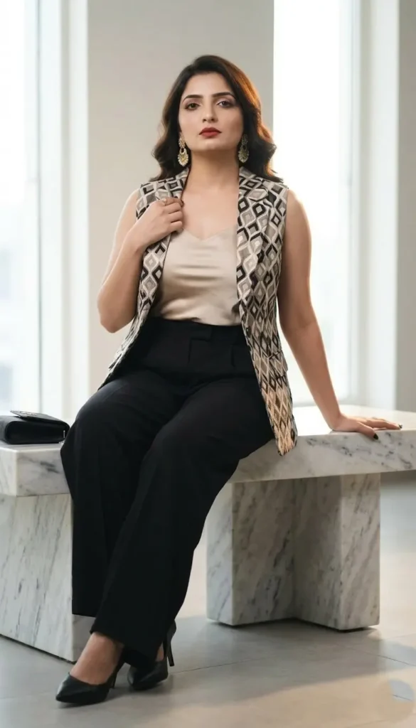 21+ Corporate Baddie Vest & Trouser Outfit Ideas 12 Patterned Vest Pleated Black Pants Women’s Elegant Outfit