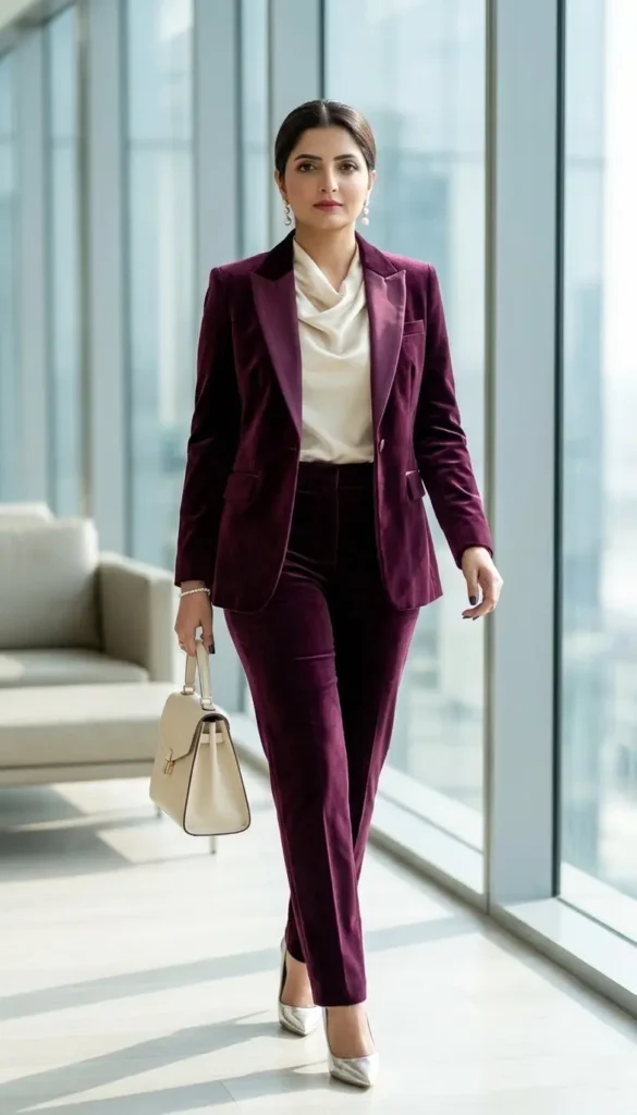 21+ Corporate Baddie Power Blazer Sets That Instantly Upgrade Your Work Outfit 8 Plum Velvet Blazer Set Women’s Luxe Winter Power Look