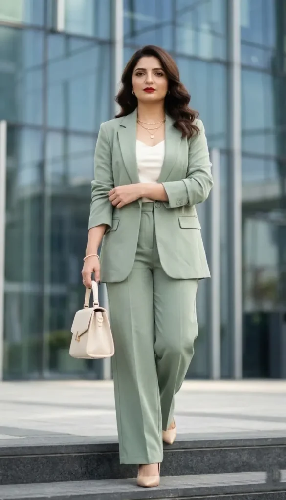 21+ Beautiful Spring Formal Outfits for Parties, Weddings 2 Sage Green Pantsuit Spring Formal Women’s Outfit