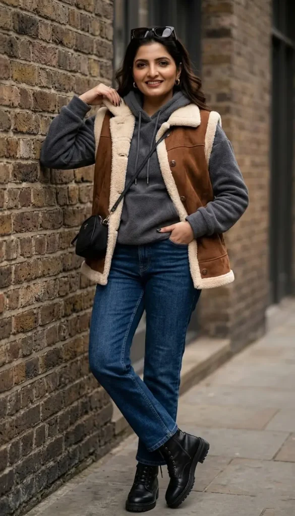21+ Corporate Baddie Vest & Trouser Outfit Ideas 11 Shearling-Lined Vest Dark Jeans Women’s Winter Outfit
