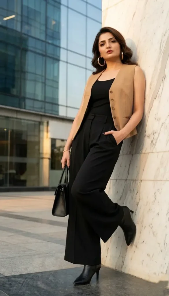 21+ Corporate Baddie Vest & Trouser Outfit Ideas 3 Tan Vest Black Wide-Leg Trousers Women’s Power Outfit