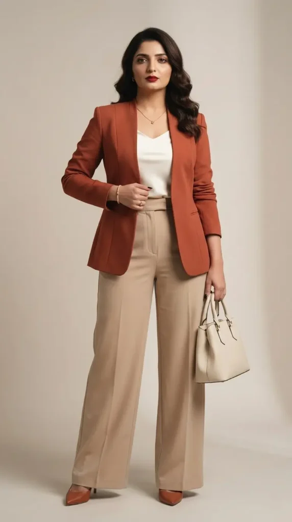 21+ Corporate Attire Women Outfits That Make Office Style Look Powerful and Chic 9 Terracotta Contour Blazer Outfit Women Power Style