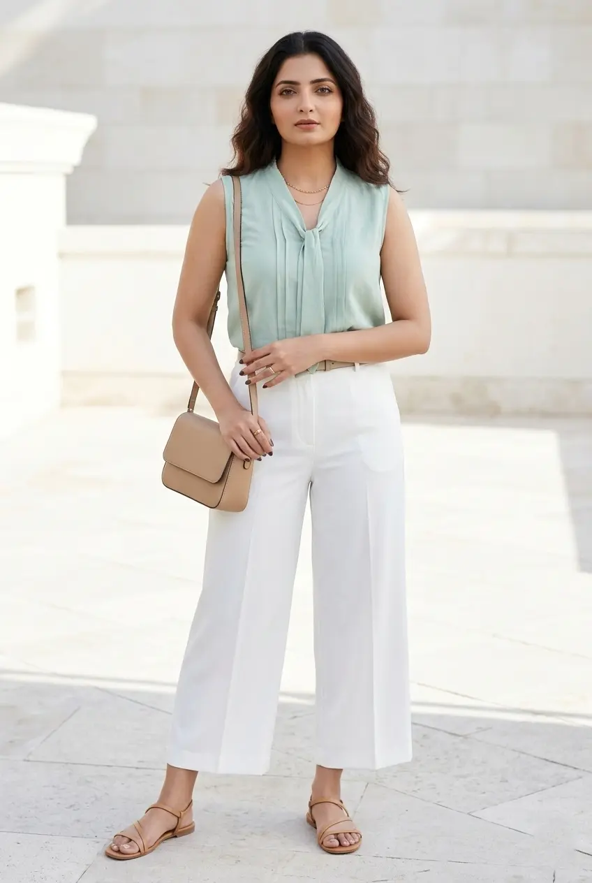 21 Casual Summer Outfit Ideas for Women in 2026 38 Tie-Neck Blouse Wide-Leg Pants summer outfits women casual women
