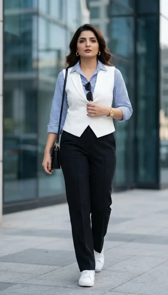 21+ Corporate Baddie Vest & Trouser Outfit Ideas 2 White Vest Black Trousers Women’s Smart Casual Look