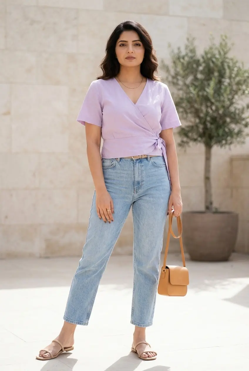 21 Casual Summer Outfit Ideas for Women in 2026 39 Wrap Blouse Straight-Leg Jeans summer outfits women casual women