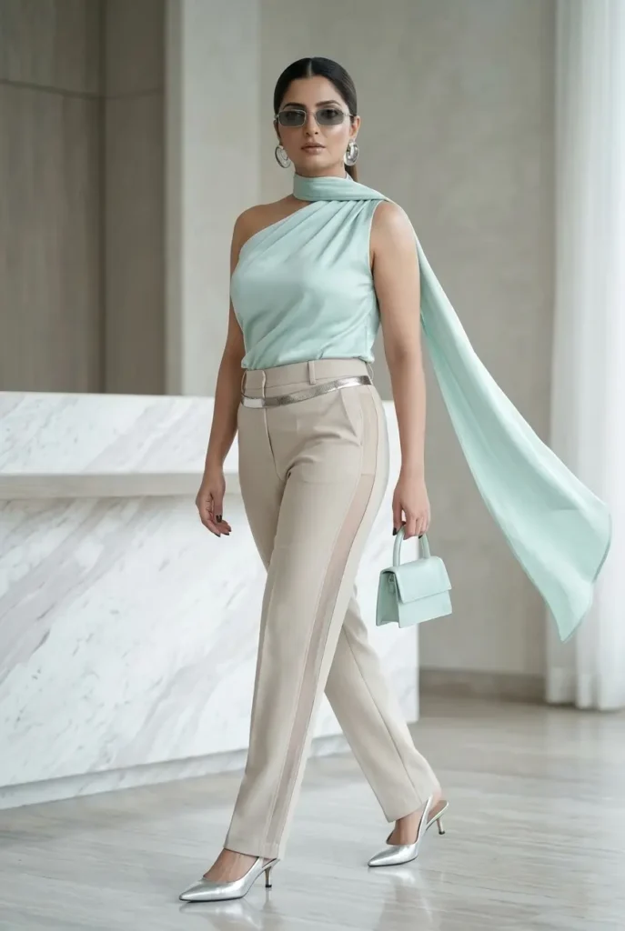 21+ Casual Summer Outfits for Women You’ll Want to Wear Every Day 22 Mint Satin Scarf Top