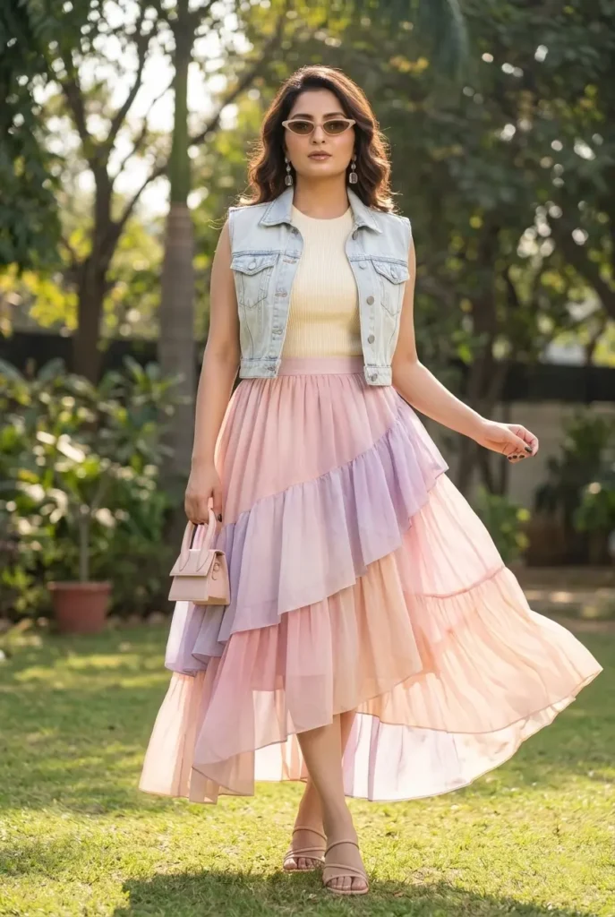 21+ Casual Summer Outfits for Women You’ll Want to Wear Every Day 20 Pastel Tier Chiffon Skirt